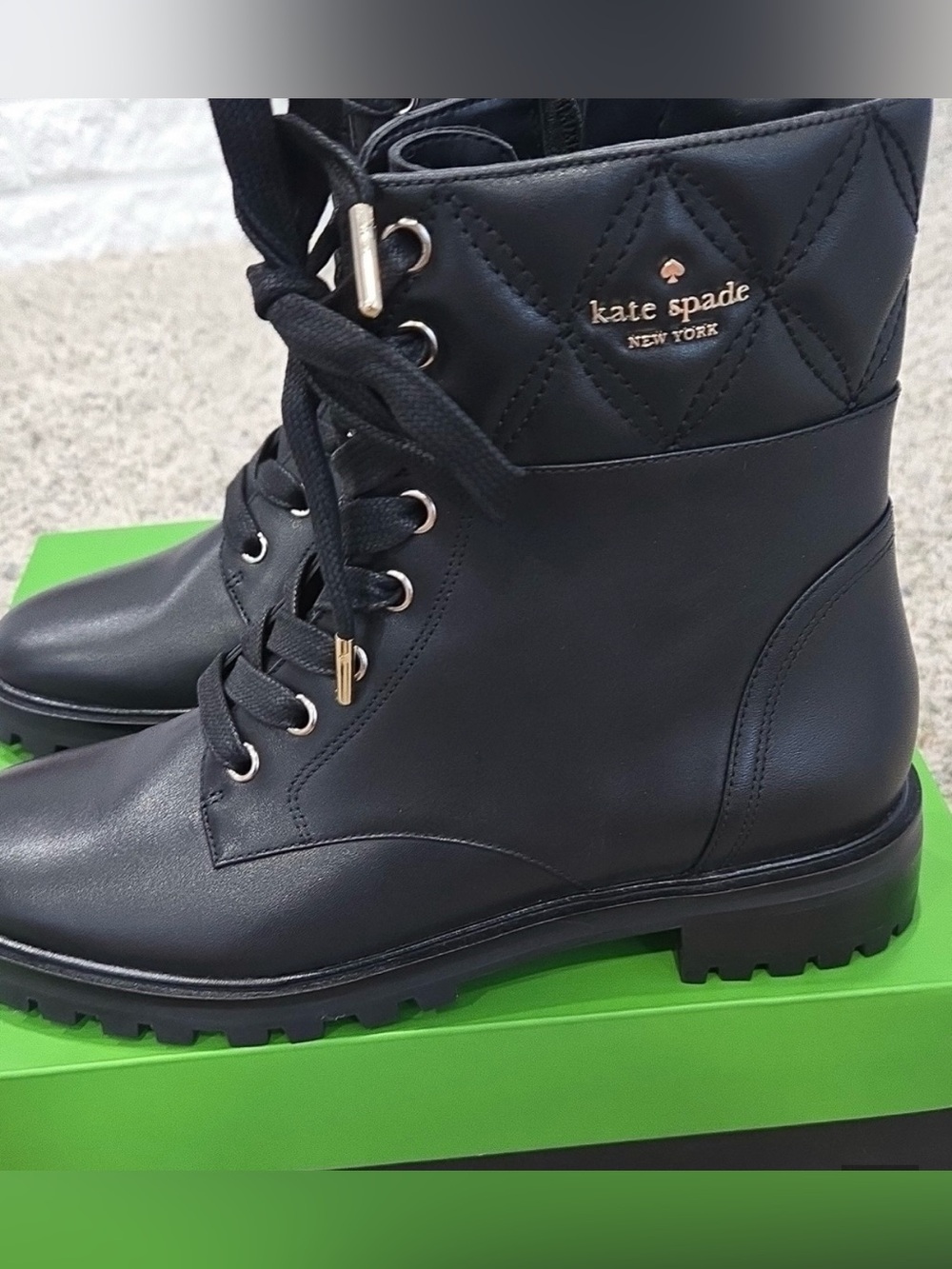 kate spade New York Black Calf Ankle Quilted Lace-Up Combat Billie Boots